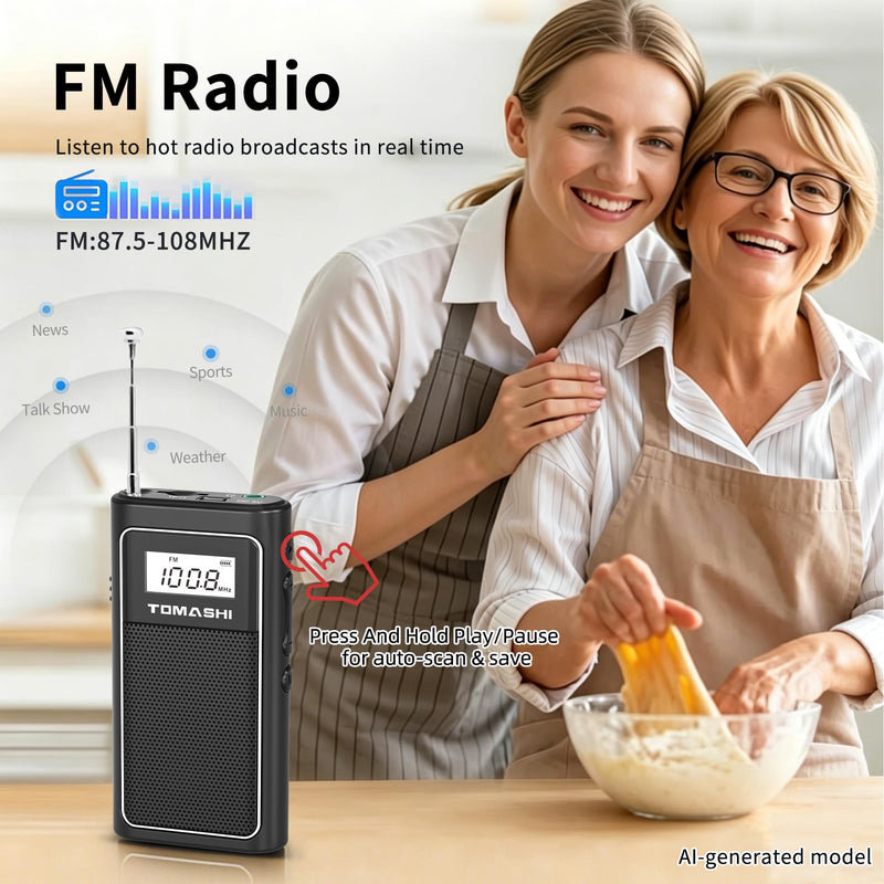 TOMASHI Portable FM Auto Scan Radio, USB-C Rechargeable Pocket Radio | Auto scan FM radio with digital display, speaker and MP3 player. Includes stereo earphones for home, travel and outdoor use.
