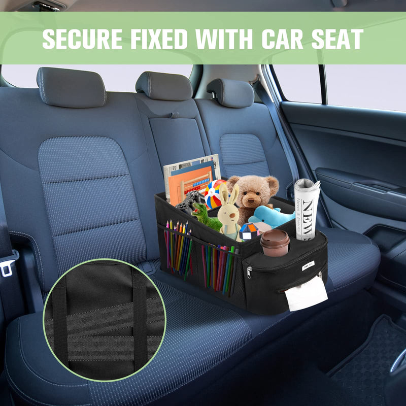 FUNNy elf Passenger Seat Organizer, Collapsible Car Storage with Partitions & 4 Cup Holders for Front or Back Seat Black