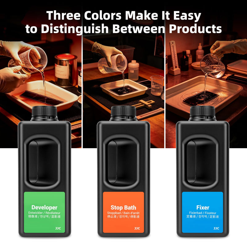 JJC Square HDPE 1000ml Darkroom Chemical Storage Bottles x3 With Handle, Photographic Plastic Containers with 40ml Measuring Cups for Film Photo Developer Fixer Stop Bath