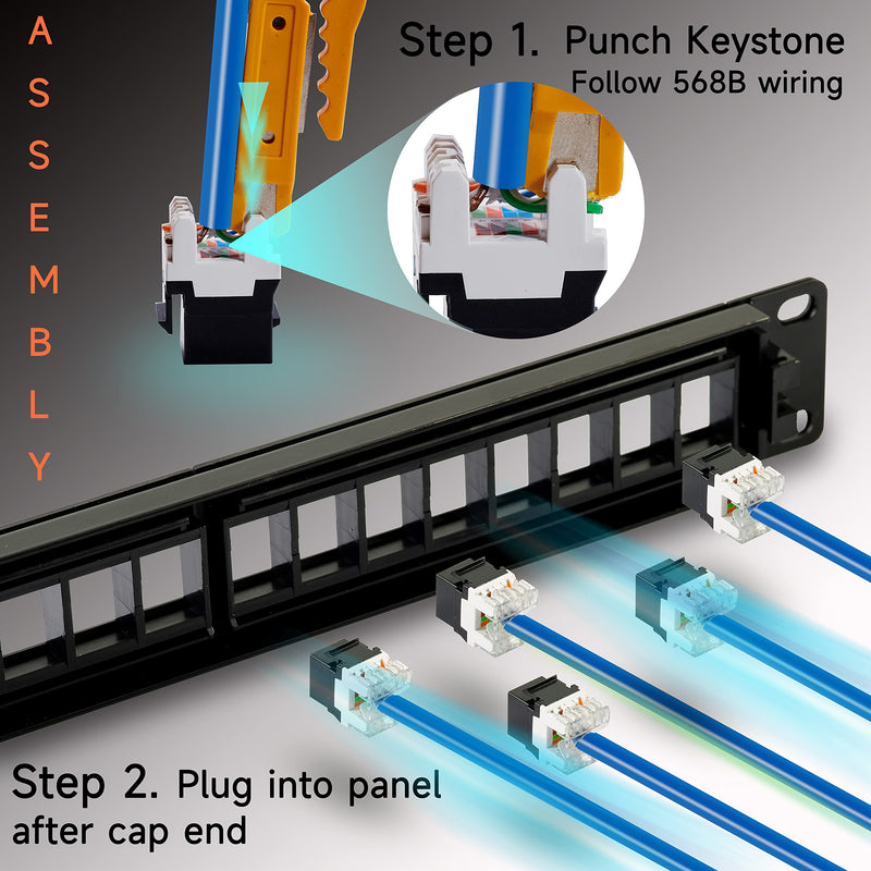 Cat6 Patch Panel 24 Port with Keystone, RJ45 Network Panel 19 Inch, Punch Down Keystone Ethernet Patch Panel with Back Bar Black 24port
