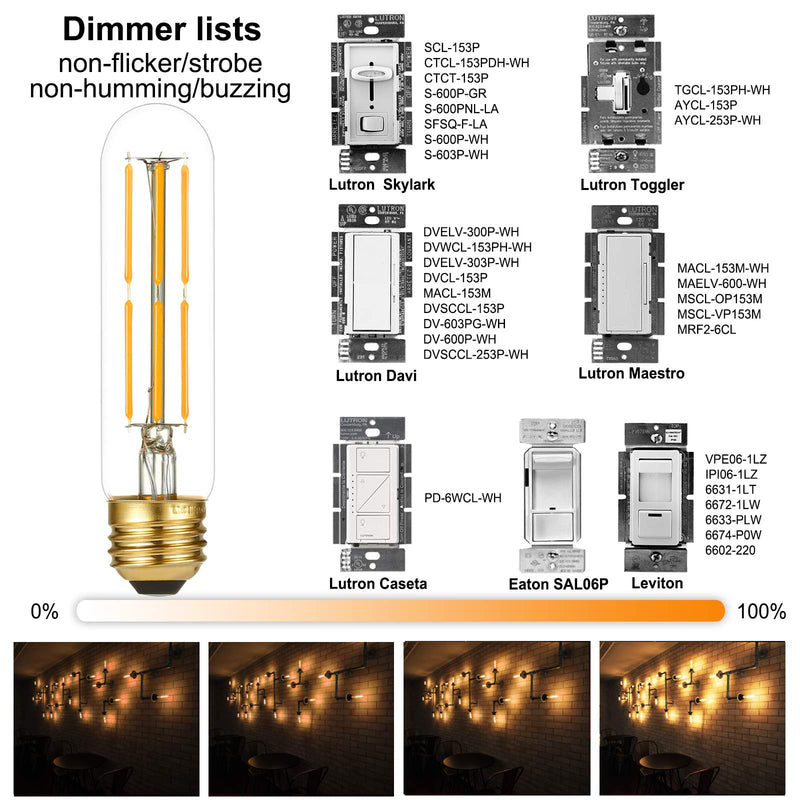 LiteHistory Dimmable E26 Edison Bulb 6W Equal 60 watt Light Bulb AC120V Warm White 2700K Edison Light Bulbs 60 Watt 600LM Tubular T10 led Bulb for Rustic Pendant,Chandeliers,Wall sconces,Vanity 6Pack 6w=60w Warm White 2700k 5 Inch(6 count)