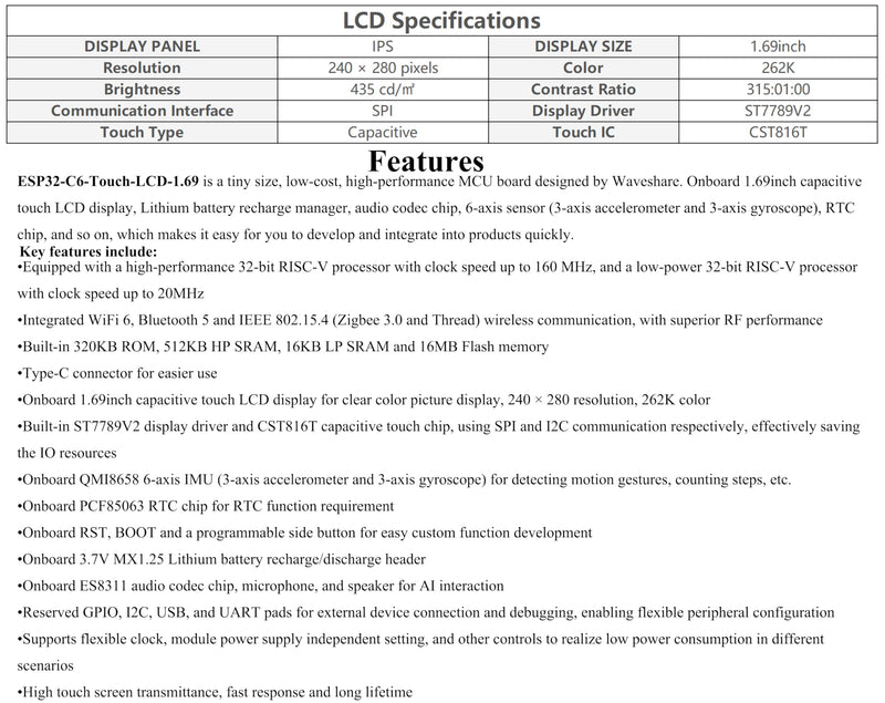 ESP32-C6 1.69inch Touch LCD Development Board, ESP32 with Display 240×280 Pixels, Supports Wi-Fi 6/BLE 5, 160MHz RISC-V Processor, SPI Interface, AI Speech, Support AI Voice Interaction, with Speaker