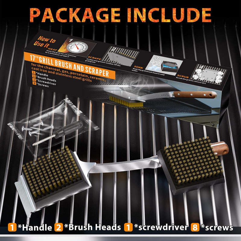 ENLOY Grill Brush and Scraper for Barbecue, 17" Grill Brush for Outdoor Grill, Extended Rosewood Handle and 2 Replaceable Copper Wire Brush Heads, Grill Cleaning Brush Grill Accessories for Most Grill Grill Brush & Scraper