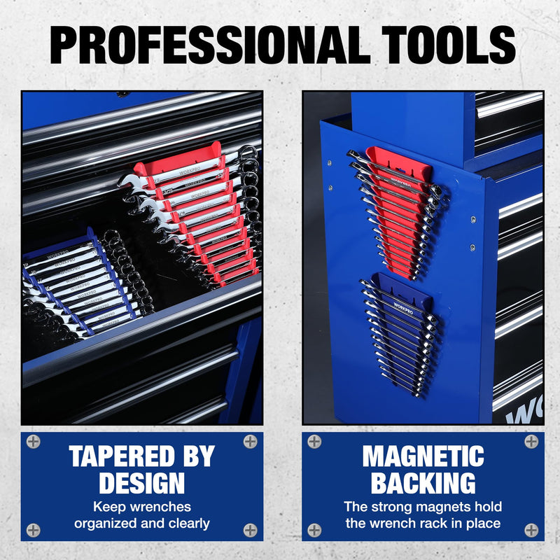 WORKPRO 2-Pack Magnetic Wrench Organizer, 12-Piece Wrench Holder Set for Tool Box Drawer Chest, Premium Quality Wrench Rack Tool Trays SAE 1/4" - 15/16" and Metric 6 mm-24 mm Magnetic wrench organizer(2PC)