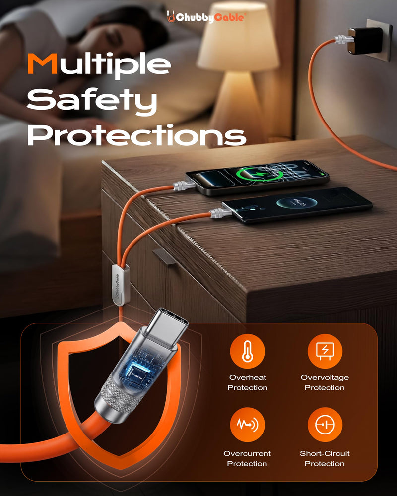 chubbycable Duo-Flex 100W & 60W 2-in-1 Fast Charging & Data Transfer Cable with Soft Silicone USB C Multi Charging Cable for iPhone 17 Series iPad Galaxy Series, Red+Orange