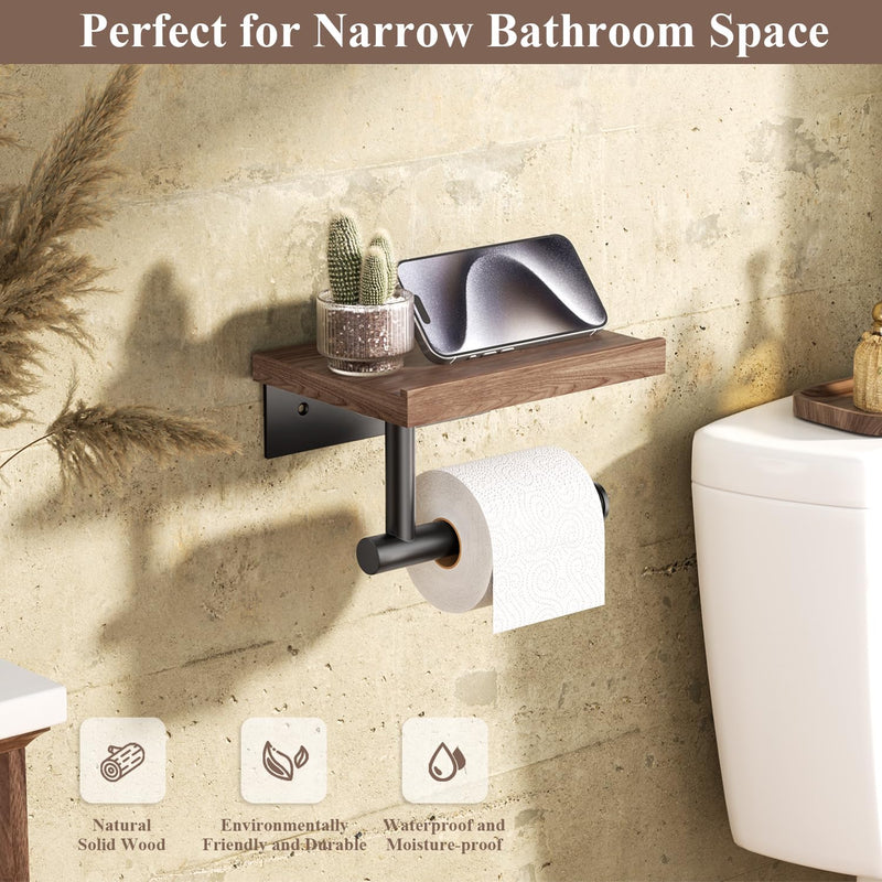 Tindbea Toilet Paper Holder with Wood Shelf, Wooden Wall Mount Tissue Paper Roll Holder, Matte Black Stainless Steel Bathroom Accessories Decor Household Home Apartment Restroom Essentials (Walnut) Walnut &Matte Black Walnut Wood