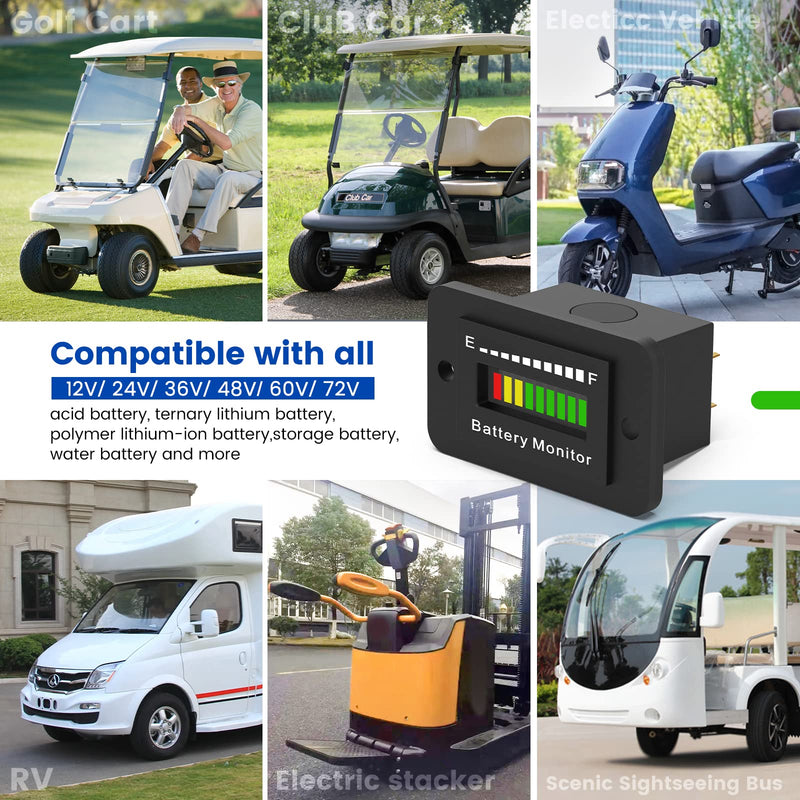 LED Battery Level Indicator, Universal Golf Cart Battery Meter Support 12V 24V 36V 48V 60V 72V Battery Monitor Lithium Battery Lead Acid Battery Fuel Gauge Meter for Ezgo Go Club Car BM210