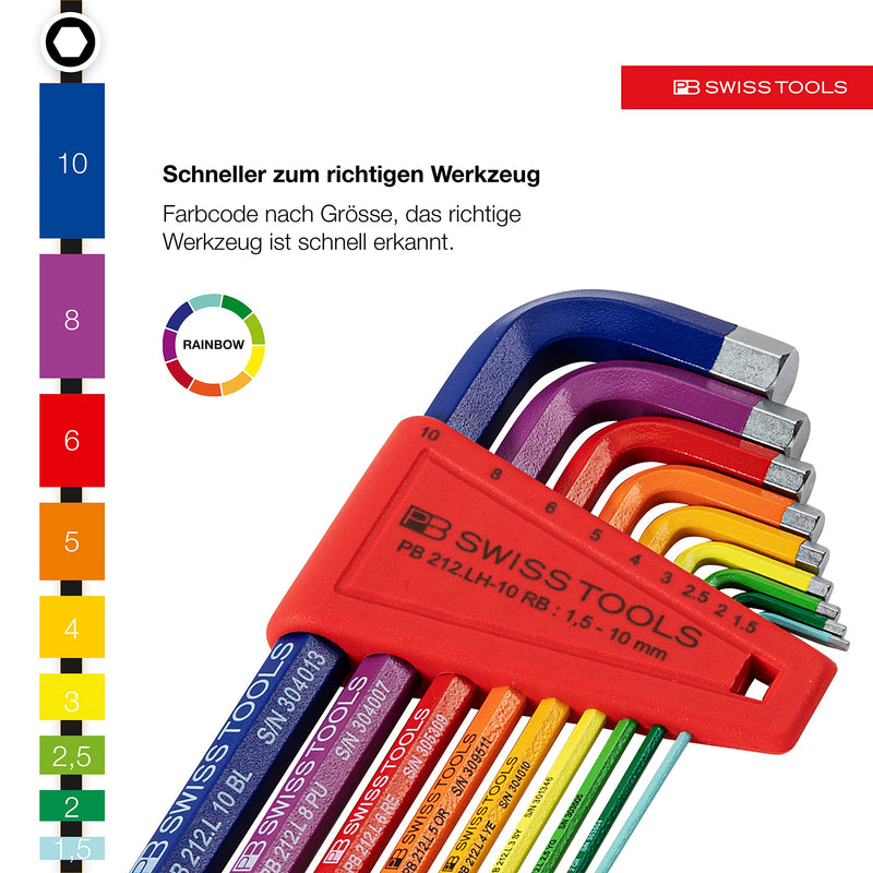 PB SWISS TOOLS 9 Rainbow Key L-Wrenches with Precisely Chamfered Edges and Colour Coded by Size, Model #210.H-10 RB, Set in a Practical Plastic Holder PB 210.H-10 RB CN (1.5-10 mm)