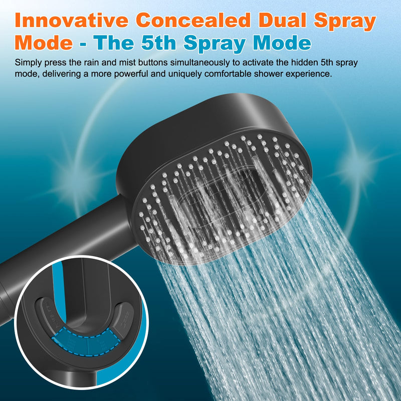 Hibbent Filtered Showerhead with handheld, High Pressure 5 Sprays Handheld Shower Head with Brass Holder & 71" Metal Hose, Water Softener for Hard Water-Remove Chlorine, Reduces Dry Itchy Skin, Black Showerhead with 1 Filter Matte Black
