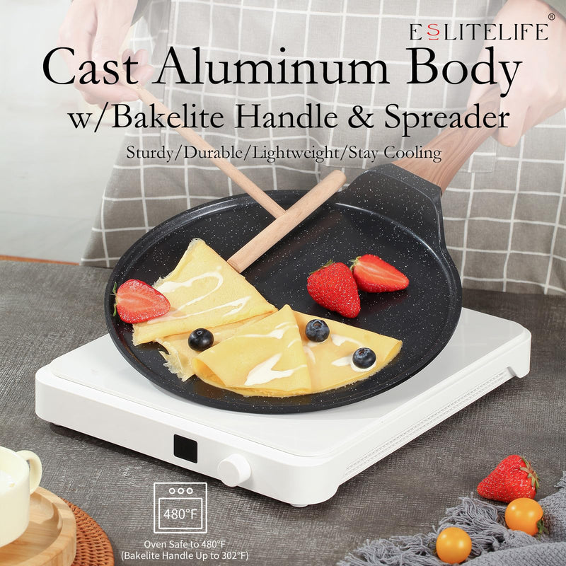 ESLITE LIFE 9.5 Inch Crepe Pan with Spreader, Nonstick Granite Coating Dosa Pan, Roti Tawa Comal Para Tortillas Pancake Griddle Pan, Induction Compatible, PTFE & PFOA Free, Black 9.5" w/spreader