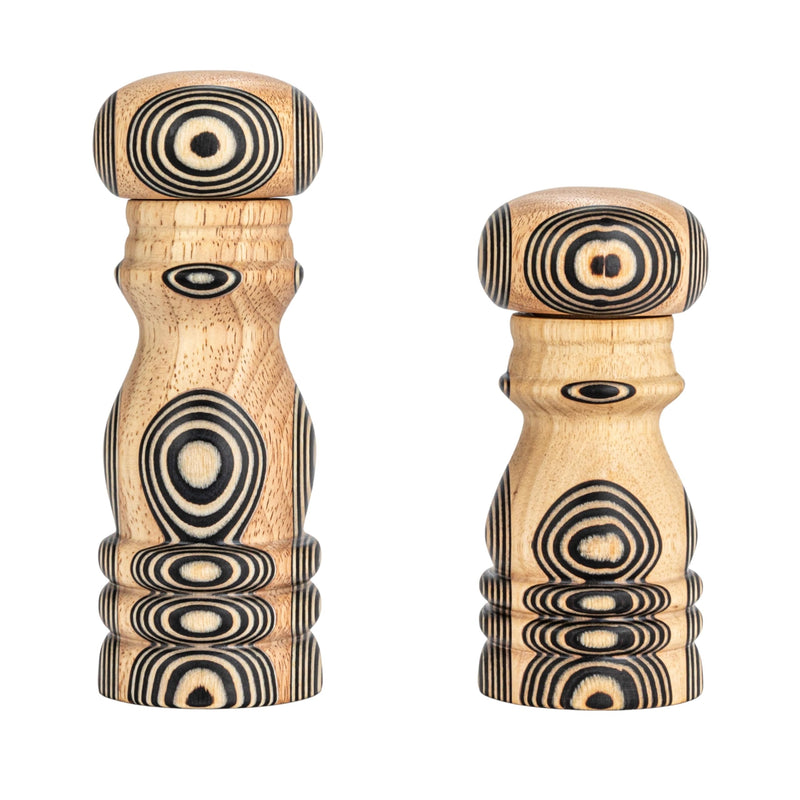 Bloomingville Wood Salt and Pepper Mills with Inlaid Circles Design, Natural and Black, Set of 2