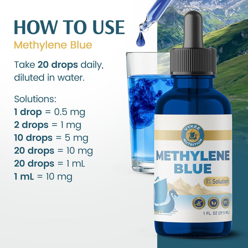 Vykee Nutrition Methylene Blue 1 Percent Solution - High Purity Liquid Supplement for Mitochondrial Health and ATP Production - Vegan, Non-GMO, Gluten Free - 29.5 ml