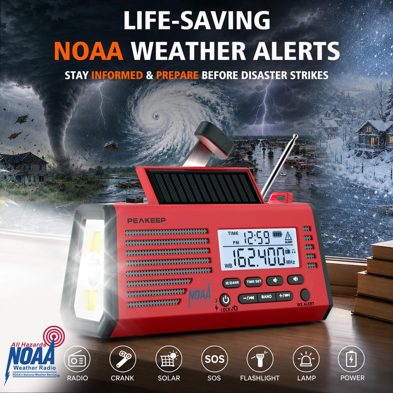 Peakeep Emergency Radio NOAA Weather Alert Battery Solar Crank Powered | AM FM SW Portable Radio, Rechargeable Battery Backup18500mWh, SOS Flashlight Lamp for Home Car Camping Storms Blackouts Prep Red with Black