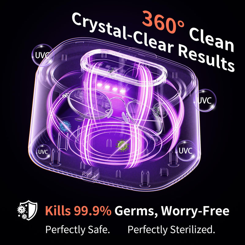 47kHz Ultrasonic Jewelry Cleaner Machine for Glasses, Eyeglasses, Rings | 600ml Stainless Steel Tank , Digital Timer, 5 Modes and UV Light for All Jewelry, Eyeglasses, Dentures, Retainers Light Black