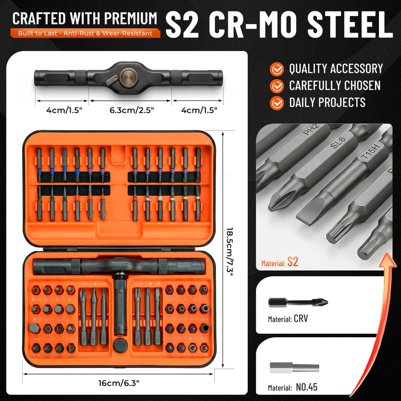 66 in 1 Magnetic Ratchet Screwdriver Set, Professional S2 Steel Precision Tool Kit with Allen Key & Hex Wrench, Ratcheting Driver for Furniture Assembly, Laptop Repair, Gift for Men