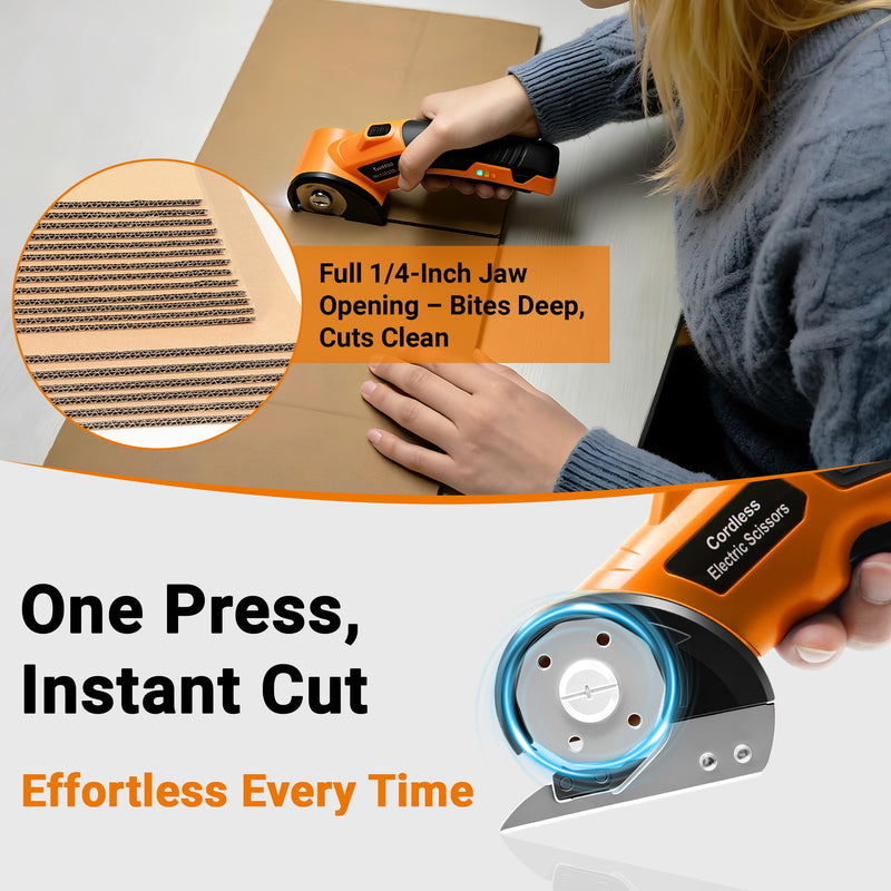 Electric Scissors with 5 Blades & Storage Bag – Cordless Rechargeable 4V Box Cutter, 2000mAh Battery, LED Light & Safety Lock, Heavy-Duty Cutting for Cardboard, Leather, Cloth, Carpet & Plastic Orange