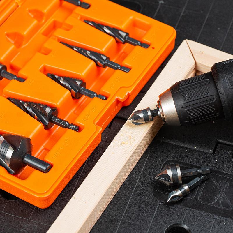THINKWORK 5 Pcs Four Spiral Flute Step Drill Bit Set & 5 Pcs Countersink Drill Bits with Tool Box, Nitriding HSS Drill Bits for Metal, Aluminum, Wood, Plastic 1/8"-1-3/8" (10Pcs)