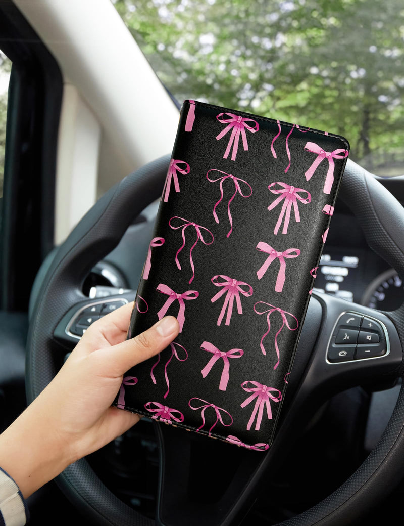Mymazn Car Registration and Insurance Holder, PU Leather Glove Box Car Organizer with Magnetic Closure, Car Document Holder for Driver's License & Essential Documents (Pink Bow) Pink Bow