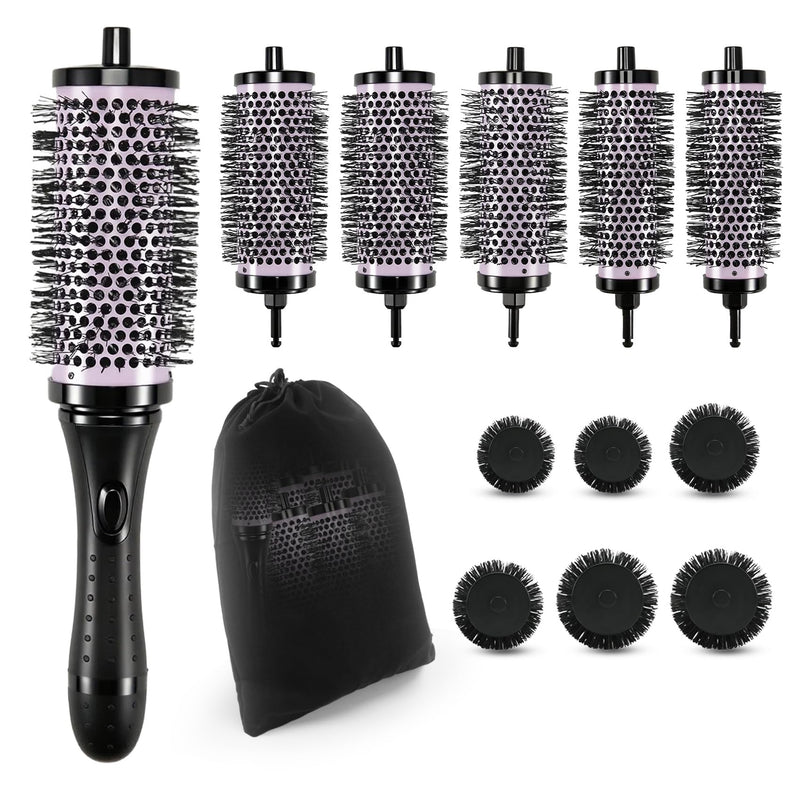 Round Hair Brush Set Detachable Handle Hair Roller Brush 3 Sizes Round Hair Brush for Blow Drying with 6 Positioning Clips,6 Barrels 1 Handle () Purple