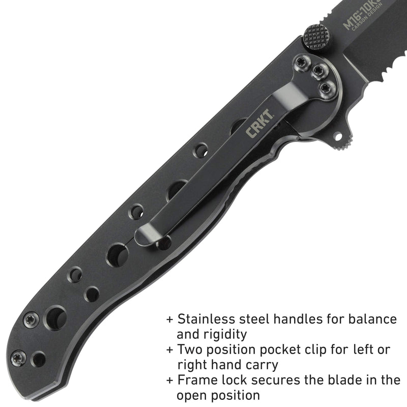 CRKT M16-10KS Folding Knife with Frame Lock: Stainless Steel Triple Point Serrations Blade, Stainless Steel Handle, Reversible Pocket Clip, M16-10KS Black Blade / Stainless Handle / M16-10KS