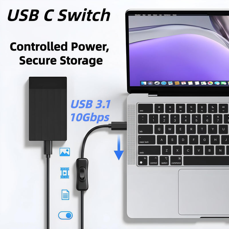 USB C on Off Switch (10gbps/100w/4k@60hz/1ft),USB C Cable with Switch Support Charging/Data/Audio/Video Transmission Compatibility with Most USBC Devices (Smartphones, Laptops,Monitors) 1Ft