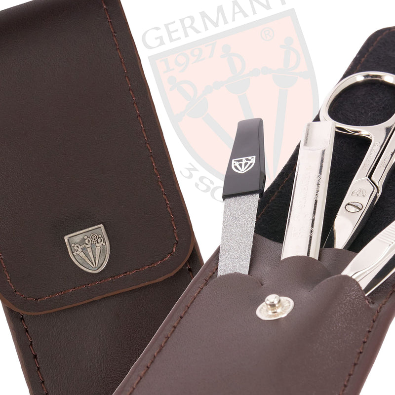 3 Swords Germany - brand quality 3 piece manicure pedicure grooming kit set for professional finger & toe nail care scissors tool genuine leather case in gift box, Made in Solingen Germany BROWN