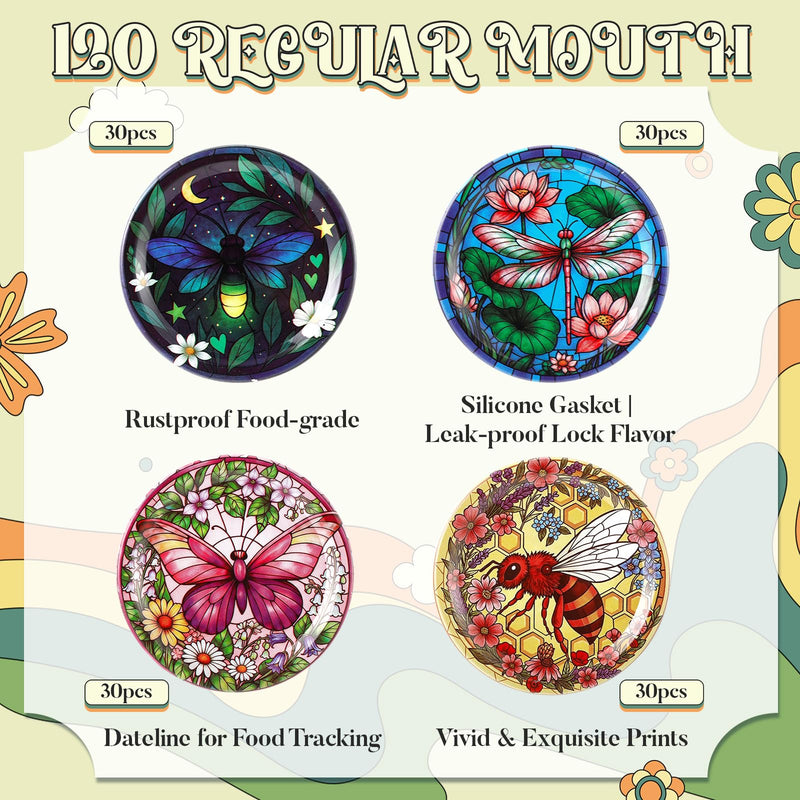 120 Pack Regular Mouth Canning Lids, 4 Style 2.75'' Decorative Mason Jar Lids Rust-Resistant Tinplate Lid for Food Jam Fruits Storage Canning Supplies (Stained Glass Style) 120 Stained Glass Style