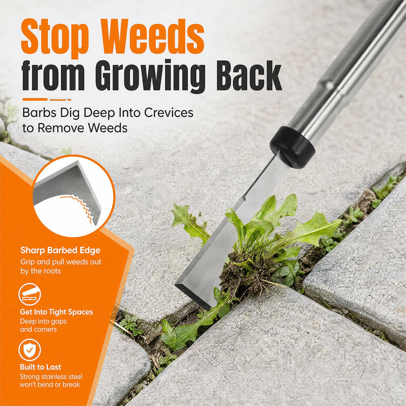 HORM 47.24'' Crack Weeder, Stainless Steel Manual Crevice Weeding Tool, Long Handle Weed Grabber Remover, L-Shaped Manual Weeder Puller, Durable Crevice Weeding Tool for Sidewalk Garden Lawn 47.24''