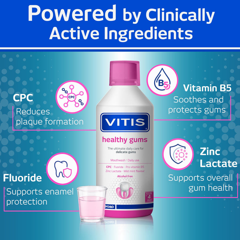 Vitis Gingival Mouthwash Panthenol Cetylpyridinium Chloride Zinc Alcohol-Free 500ml Mint Sensitive Gums