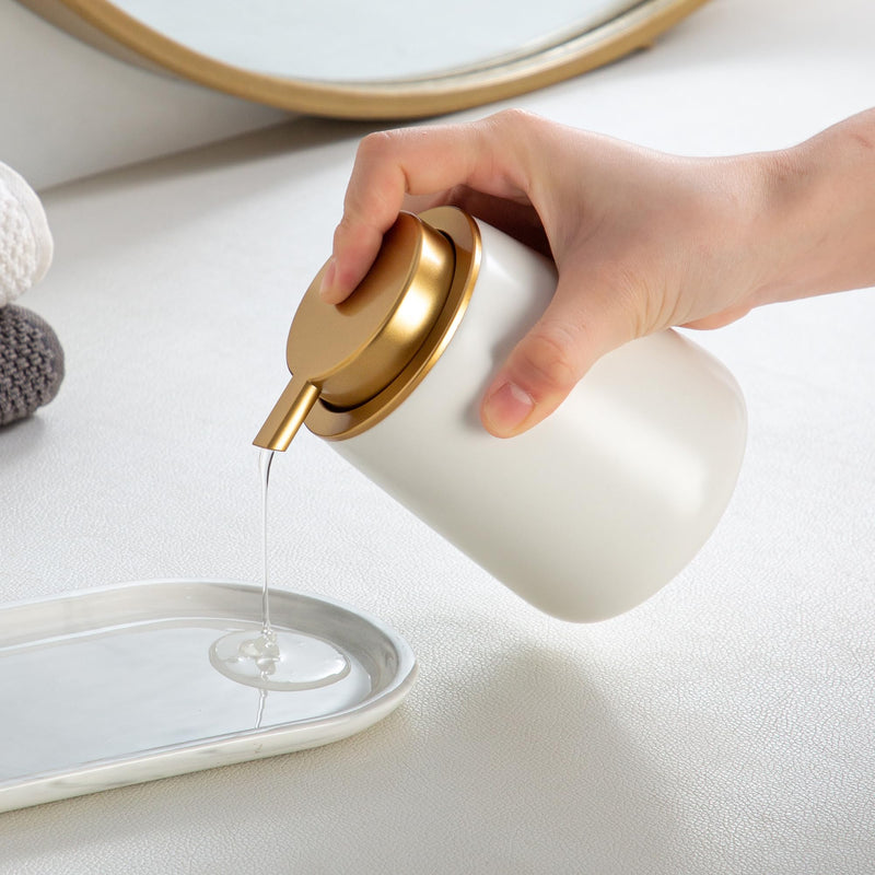 Enra Ceramic Soap Dispenser,12 oz Hand Lotion Dispenser with Gold Pump,Refillable Dish Soap Dispenser,Modern Liquid Soap Dispenser for Bathroom,Kitchen with Easy-to-Press Pump Liquid-white-gold Pump