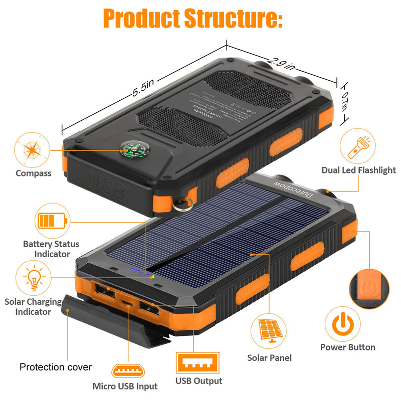 Solar Charger, 20000mAh Portable Outdoor Waterproof Solar Power Bank, Camping External Backup Battery Pack Dual 5V USB Ports Output, 2 Led Light Flashlight with Compass (Orange) Orange