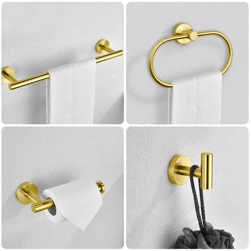 Bathroom Hardware Set, 7 Pcs Bathroom Towel Rack Stainless Steel Bath Hardware Kit Including 16" Hand Towel Bars, Toilet Paper Holders, Towel Rings, Robe Towel Hooks (Gold) 7pcs-gold