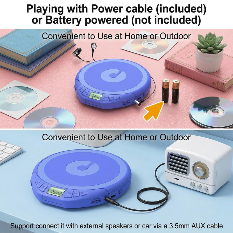 Portable CD Player with Earphones,Personal CD Discman Player | for Home Car with Anti-Skip Shockproof Protection, Small CD Player with LCD Display for Music Lovers Blue