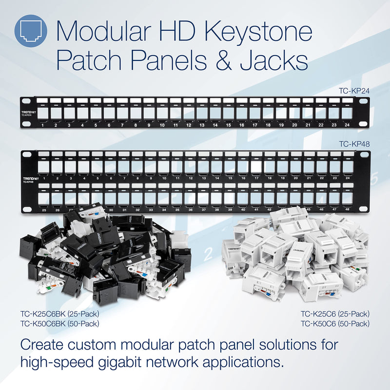 TRENDnet 24-Port Blank Keystone 1U Patch Panels, TC-KP24/2, 1U 19" Metal Rackmount Housing, Recommended with TC-K25C6 & TC-K50C6 Cat6 Keystone Jacks (Sold Separately), NDAA Compliant, Black 2 Pack