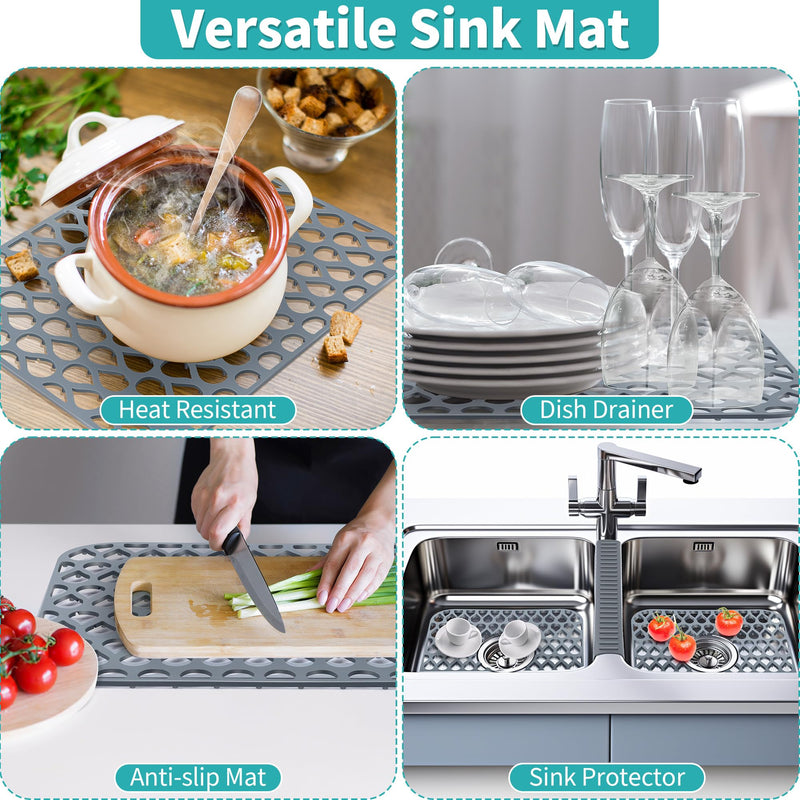 3 Pack Sink Mat and Sink Saddle Set, 13.4 x 11.5 Inch Protectors for Kitchen, Non Slip Silicone Dishwasher Safe, Folding Grid Protect from Stains, Damage, Scratches (Cuttable) Cuttable