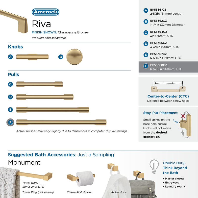 Amerock | Cabinet Pull | Champagne Bronze | 6-5/16 in (160 mm) Center-to-Center Drawer Pull | Riva | Kitchen and Bath Hardware | Furniture Hardware (Pack of 2) 6-5/16 inch (160mm) Center-to-Center (Pack of 2)