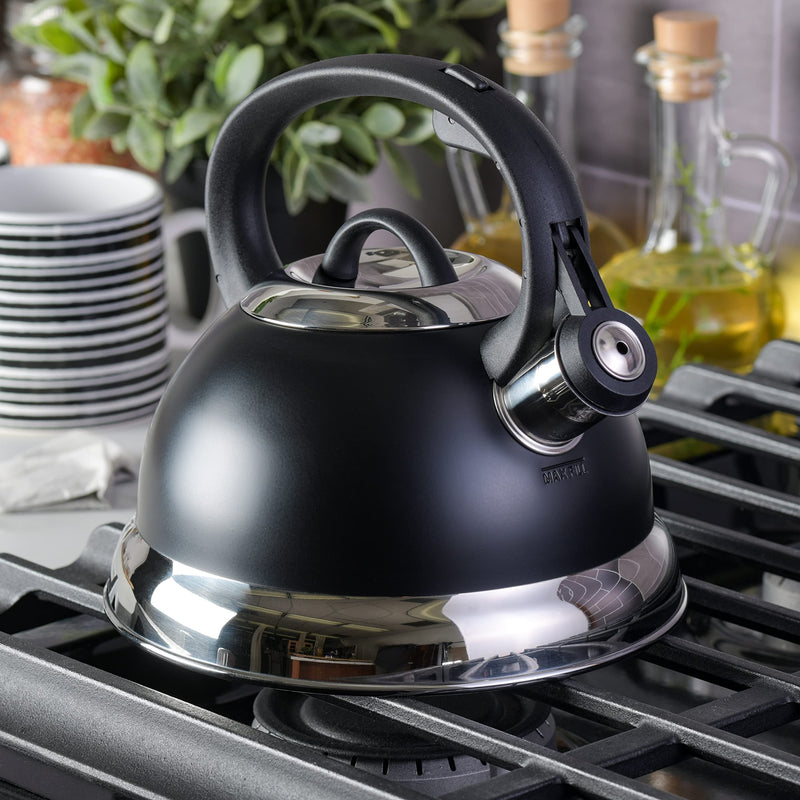 Mr. Coffee Flintshire 1.75-Quart Stainless Steel Whistling Tea Kettle with Nylon Handle – Matte Black Stove-Top Kettle for Boiling Water 1.8 Quarts