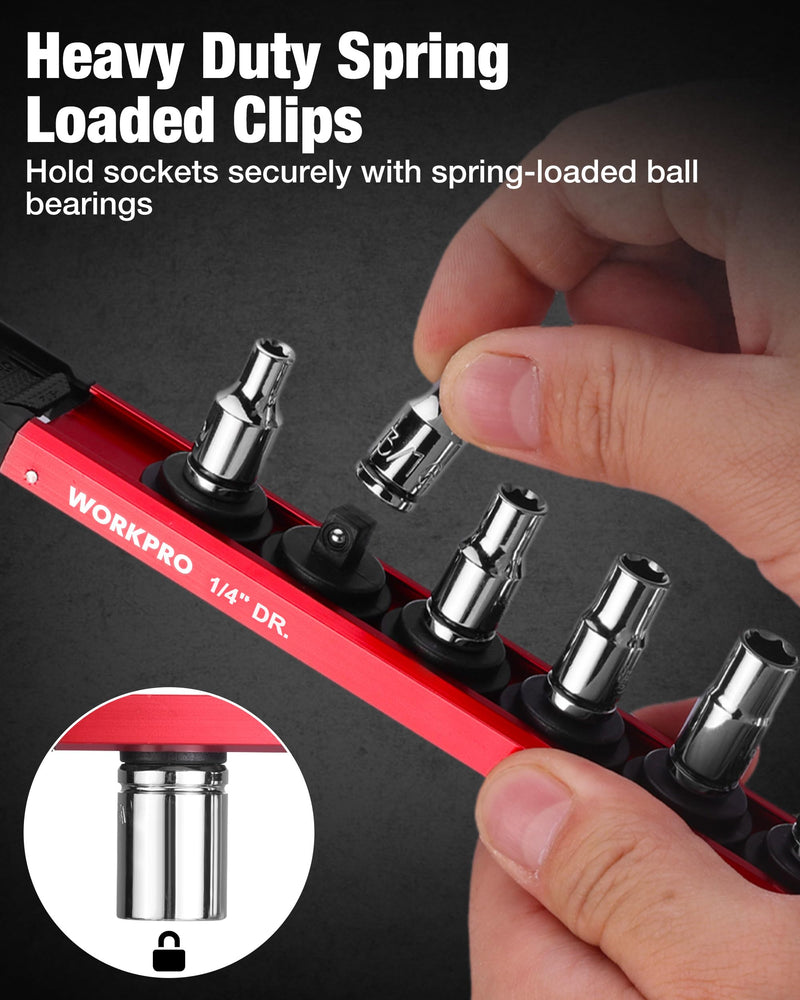 WORKPRO Magnetic Socket Organizer Set, 1/2" 3/8" 1/4" Drive Aluminum Alloy Socket Holder with Removable Socket Clips for Quick Customization, 6PC Socket Rail for Tool Box Drawer (Sockets Excluded) 6 Pieces-1/4", 3/8" & 1/2" DR Red & Blue