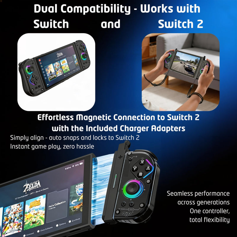 TNDA Wireless Controller Compatible with Switch and Switch 2, Charging Adapters Included, Hall Effect Joystick Wireless Joypad with RGB Lighting, 6-Axis Gyroscope Motion Control, Turbo Button, Rechargeable Battery