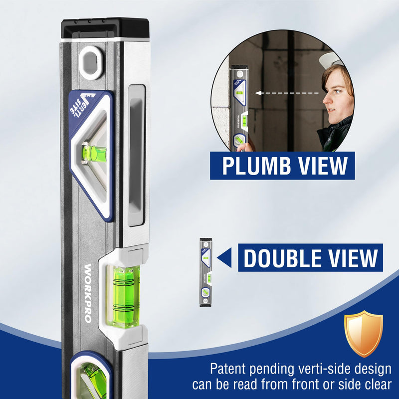 WORKPRO 10 Inch Torpedo Level, Small leveler tool with 3 Different Bubbles 45°/90°/180°, bubble level With Shock Absorbing End Caps, V-Groove for Conduit Bending, Silver/White/Blue 45°+90°+180°