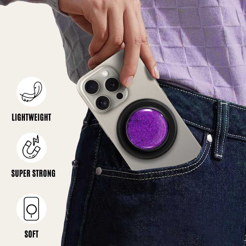 for MagSafe Phone Grip,Soft Silicone Magnetic Collapsible Cell Phone Finger Grip for iPhone 17/16/15/14/13,12 and Smartphones Tablets - Purple Glitter