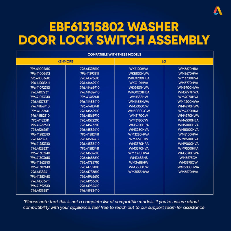EBF61315802 Washer Door Lock Switch Fit for L.G Washer WM3670HVA WM3670HWA WM3700HWA WM3080CW WM3770HVA WM3770HVA WM3500CW WM3400CW Also Fit for Ken-more 796 series Washer Door Latch