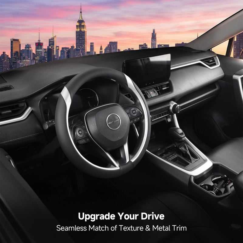 West Llama Microfiber Leather Steering Wheel Cover Customized for Toyota RAV4 2013-2026, Black+Silver 14.5-15 inch