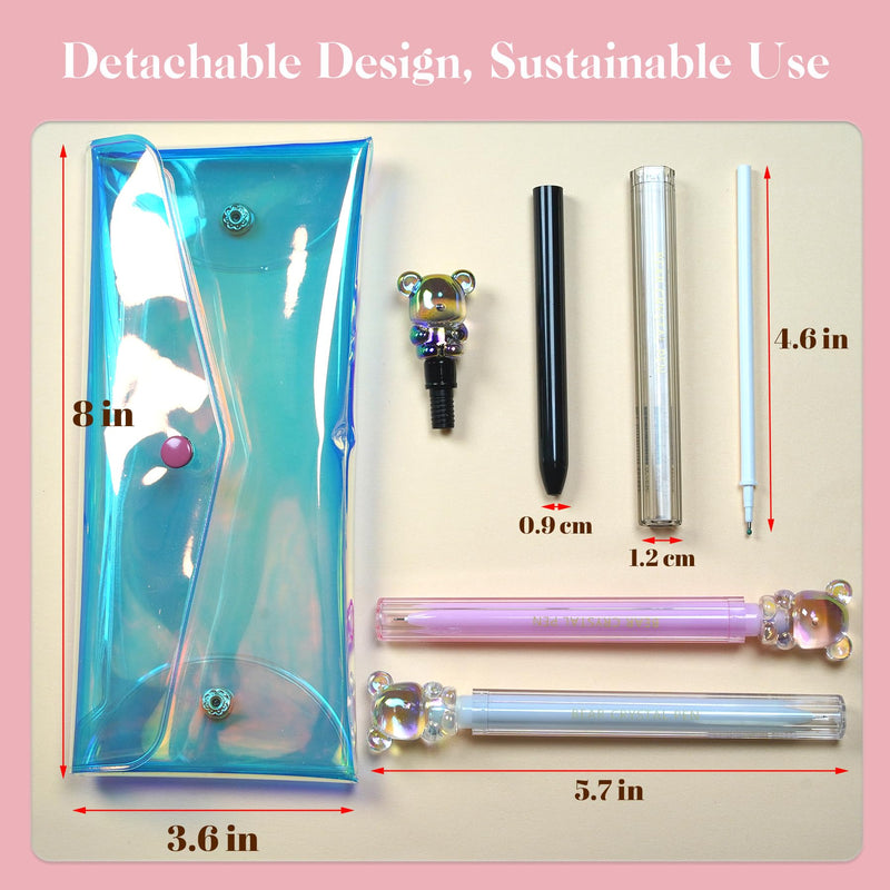 Cute Pens for Women – 3 Pack Nice Fine Tip Pens from the Fantasy Crystal Bear Collection, with Laser Pointer Pouch, Cute Stationary for Note Taking & Office Essentials