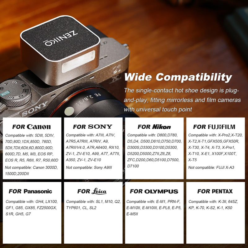 ZF08 Aluminum Mini Camera Flash for Sony zv1 Sony zve10, Speedlite On Camera, 440 Full-Power Flashes 2.5S Recycle Mini Manual Flash for Canon/Ricoh gr3/Nikon/Fuji f1 Silver-ZF08
