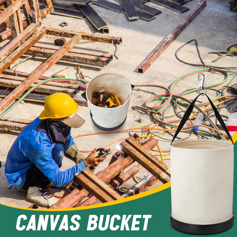 1 Pack Canvas Bucket 15" x 12" Heavy Duty Lineman Tool Bag with Plastic Bottom & Metal Hook Electrician Tool Organizer for Jobsite Use, Load Rated up to 150 Pounds (White) 1 White