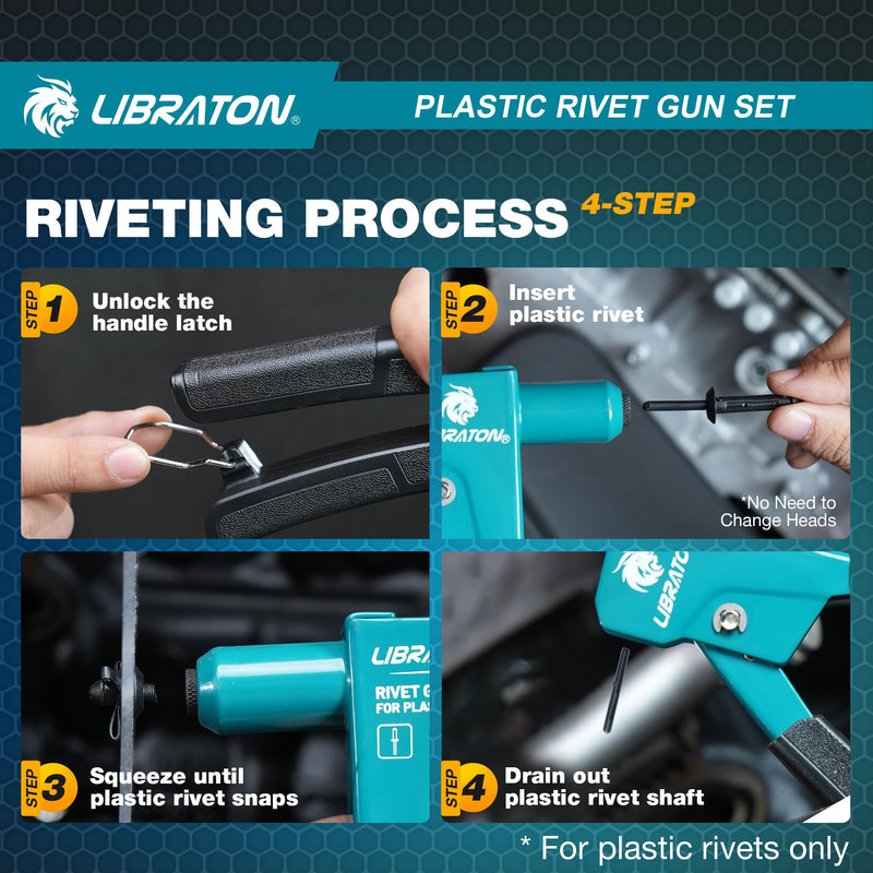 LIBRATON Plastic Rivet Gun Kit, 90 Degree Angle Hand Riveter with 40 Nylon Rivets (4 Sizes), Universal Nosepiece for Automotive/Electronics, Ergonomic & 50% Lighter Force
