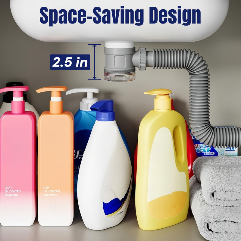 Bathroom Sink Drain Kit with Flexible Expandable Pipe: Odor-Free & Backflow-Preventing, Space-Saving Design without a P-trap, For 1-1/4'' & 1-1/2'' Drain Hole (Chrome, With Overflow) Chrome