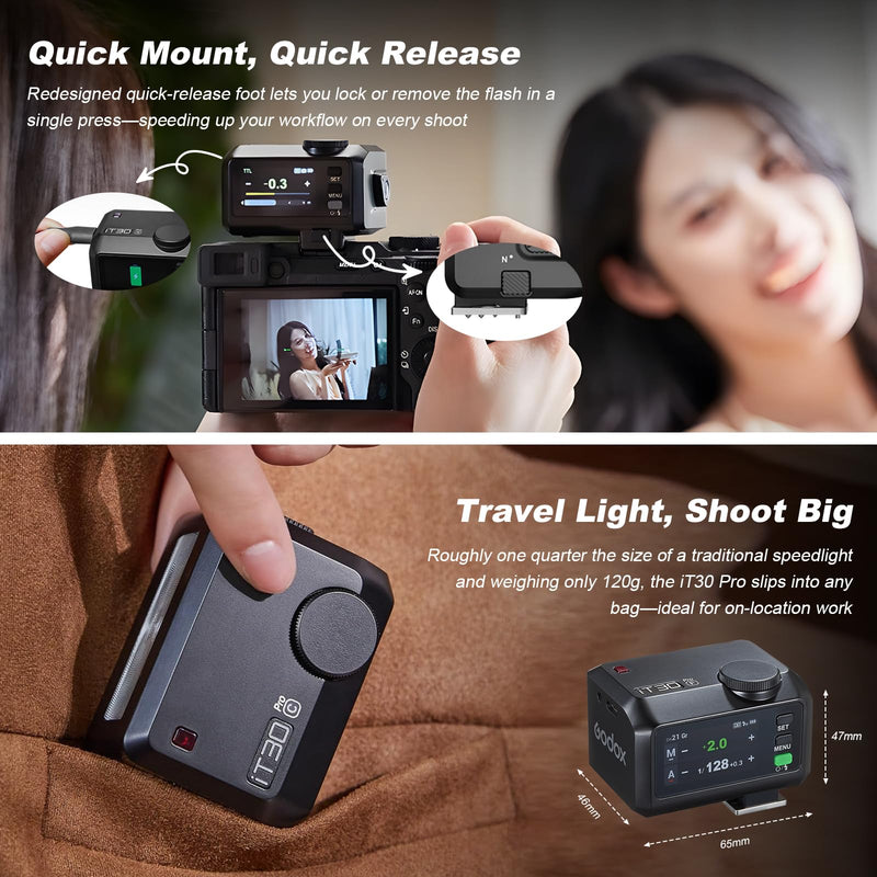 GODOX IT30Pro C TTL Mini Flash Kit Portable IT30ProC with White Diffuser for Canon 2.8" Full-Color Touchscreen Speedlite HSS 1/8000s 2.4G Wireless X System Trigger for Godox Flash(Black) Black