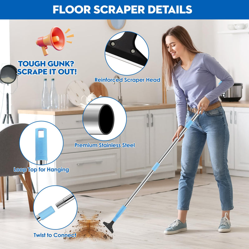 Silver Floor Scraper with 10 Replacement Blades - 4" Razor Blade, Stainless Steel Adjustable Long Handle (37" to 51"), Heavy-Duty Scraper Tool for Cleaning Stove Tops, Glass, Tiles, Walls & Labels